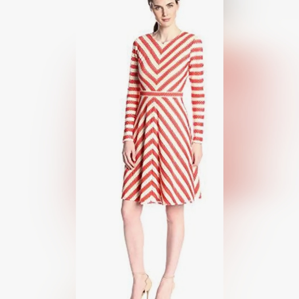 Bcbgmaxazria Dress Red Striped Kristina Long Sleeve Fit And Flare Size Medium